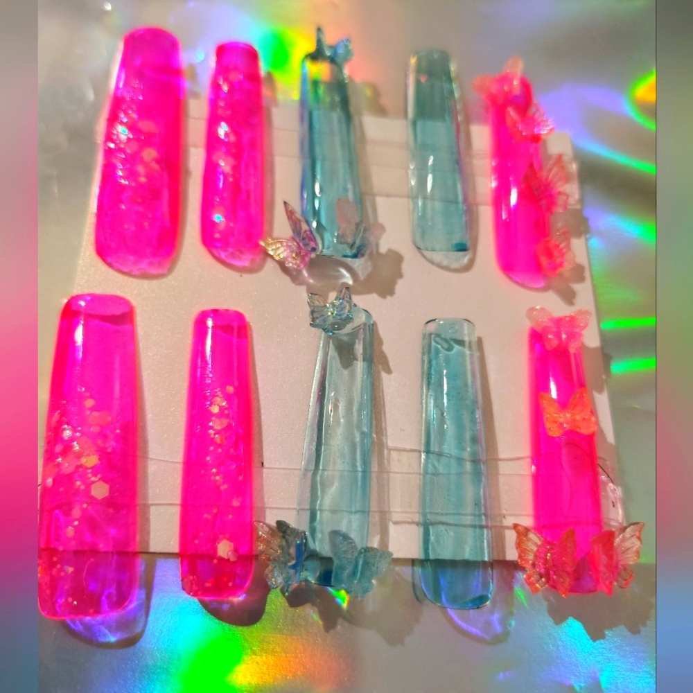 Pink and Blue Butterfly Nail Set